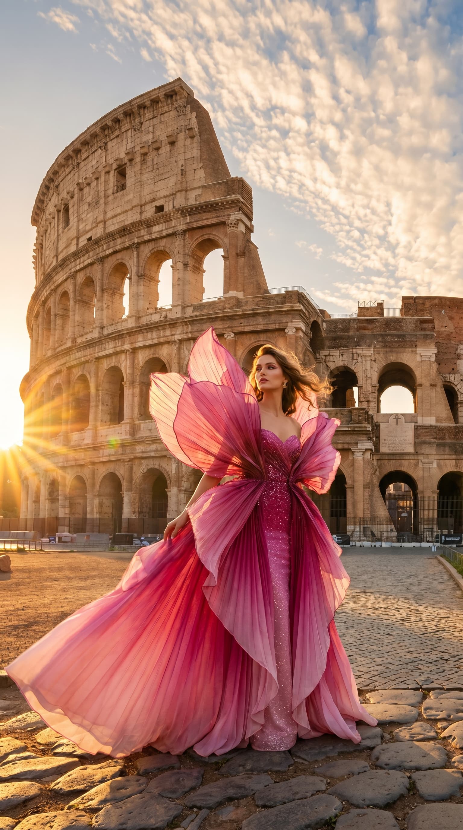 A model in a layered tulle gown in front of a historic building at sunset