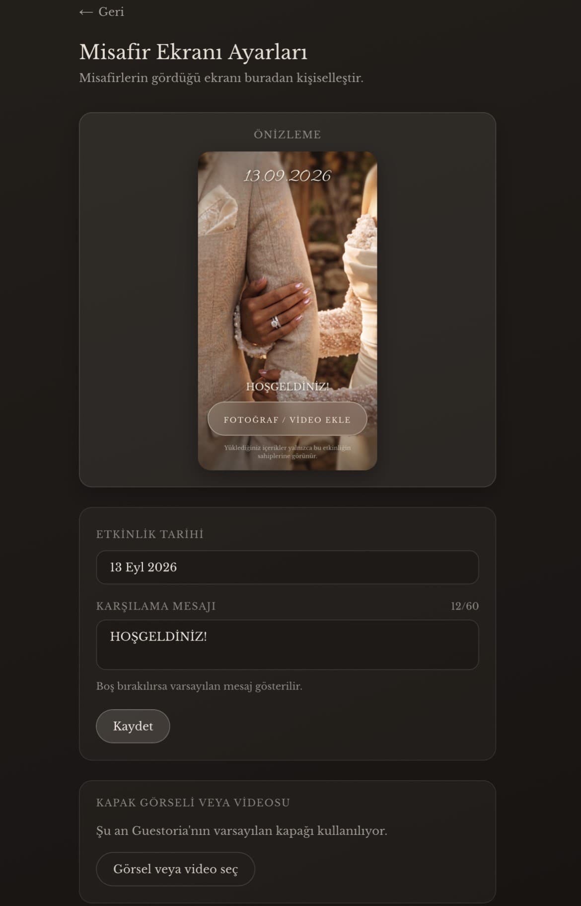 The settings screen where the owner edits the guest screen's date, welcome message and cover image