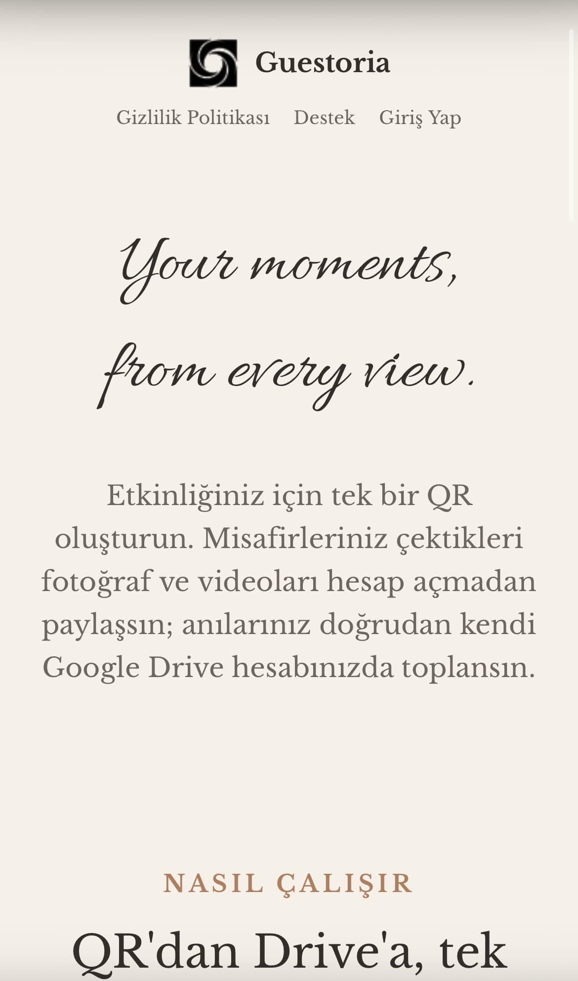 Guestoria's landing page introducing the single-QR sharing idea