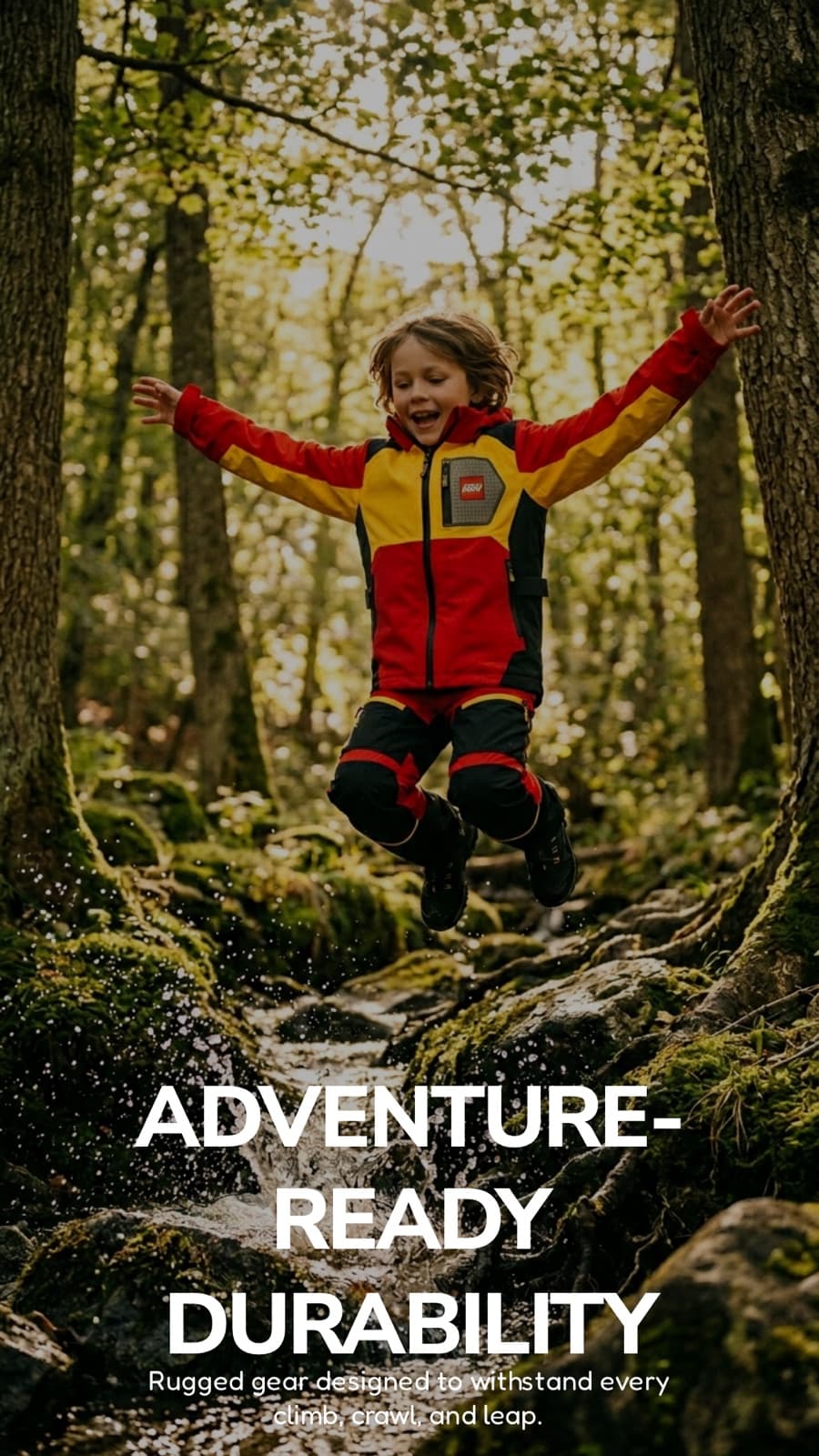 A vertical, out-of-home-format 'Adventure-Ready Durability' campaign visual