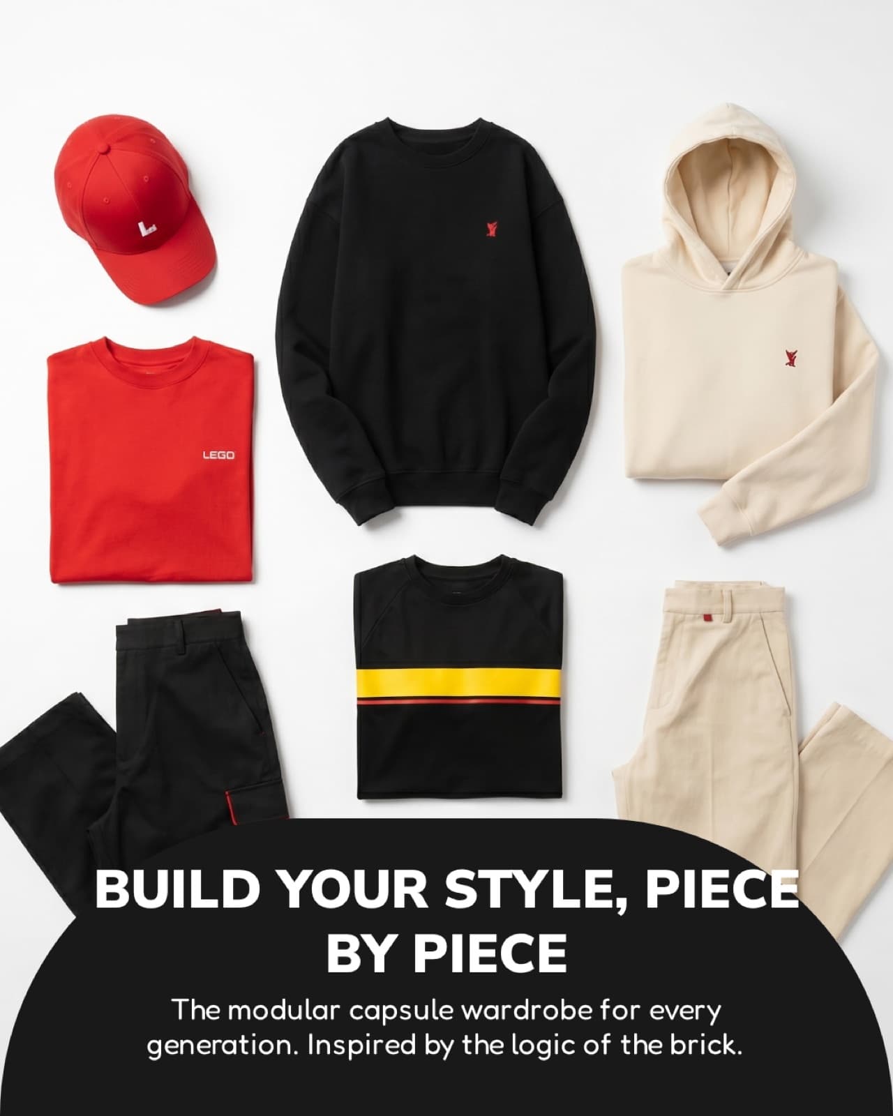 The 'Build Your Style, Piece by Piece' campaign visual, laying out the full collection