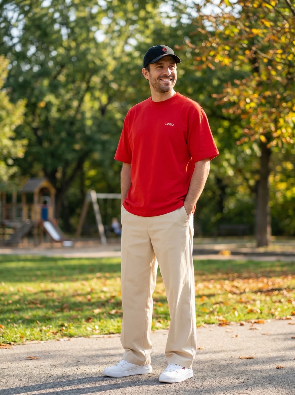 A model walking through a park in a red LEGO t-shirt and beige trousers