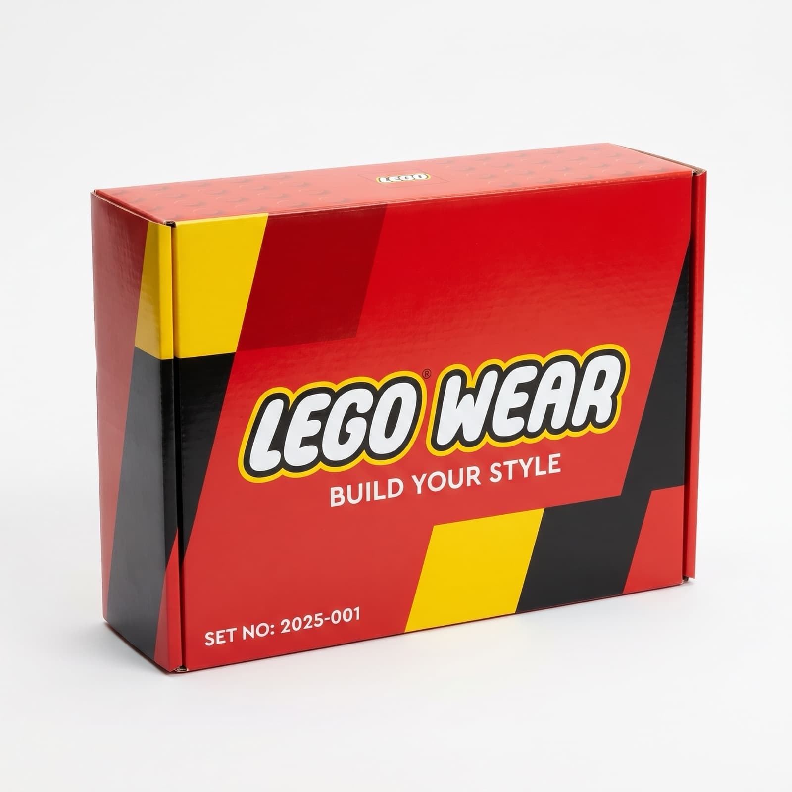 The LEGO Wear branded box, closed, on a studio surface