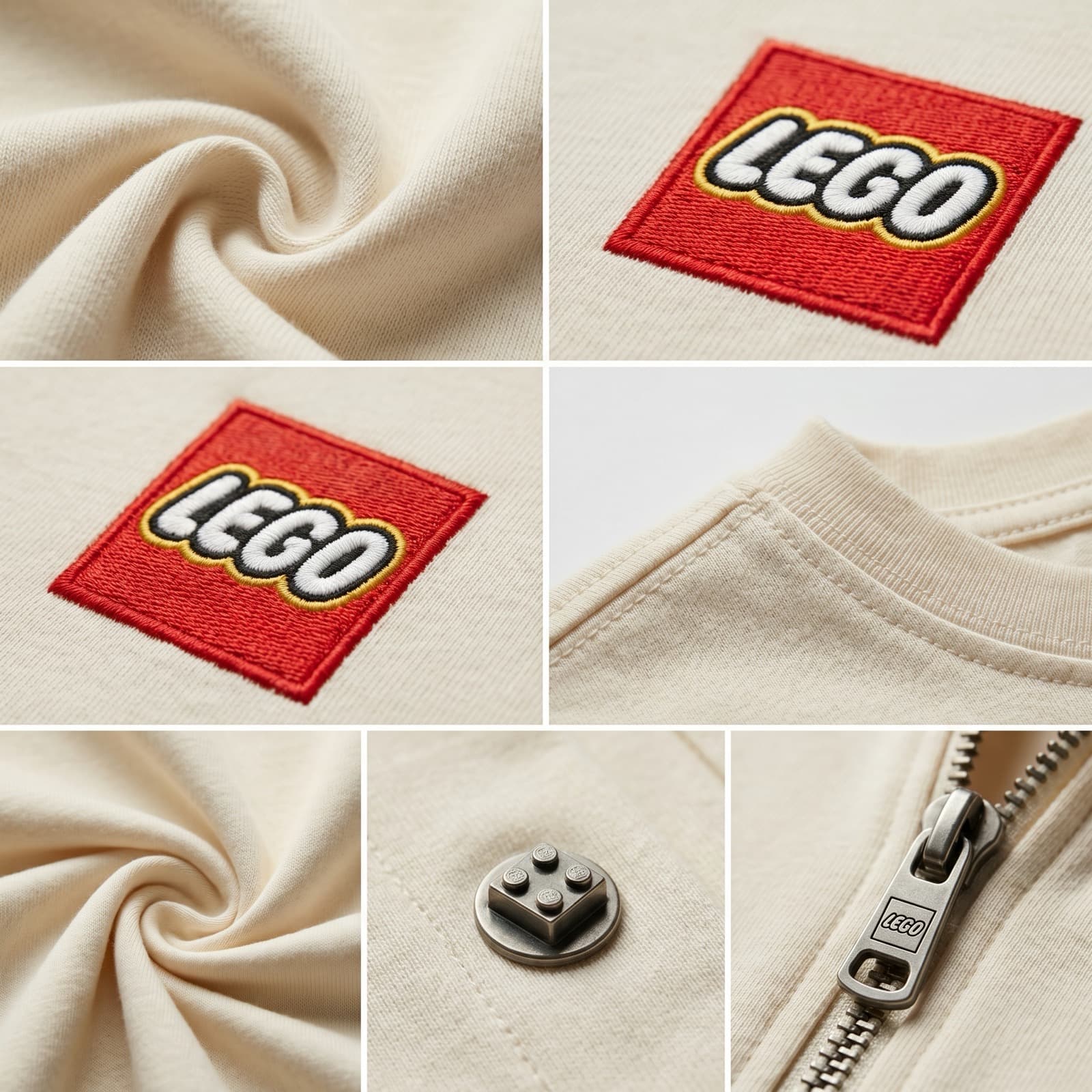 Close-ups of the fabric texture, LEGO patch details, a zipper pull and a brick-shaped metal stud