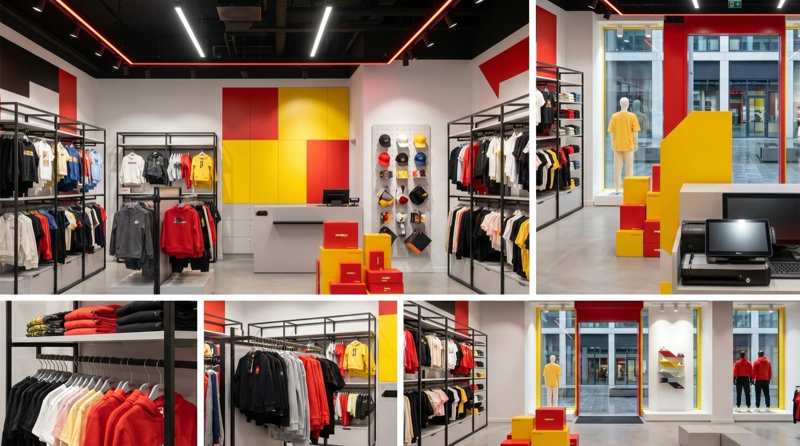 The store interior, with shelving, product displays and signage