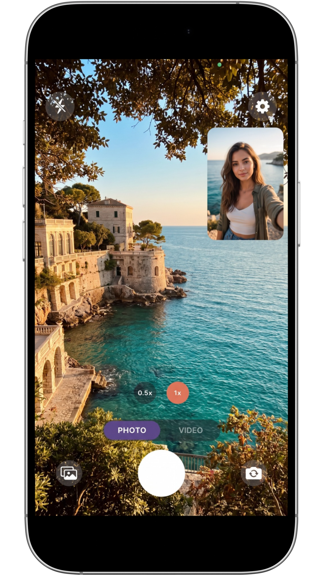 Combines the front and rear cameras through a main frame and a smaller secondary view