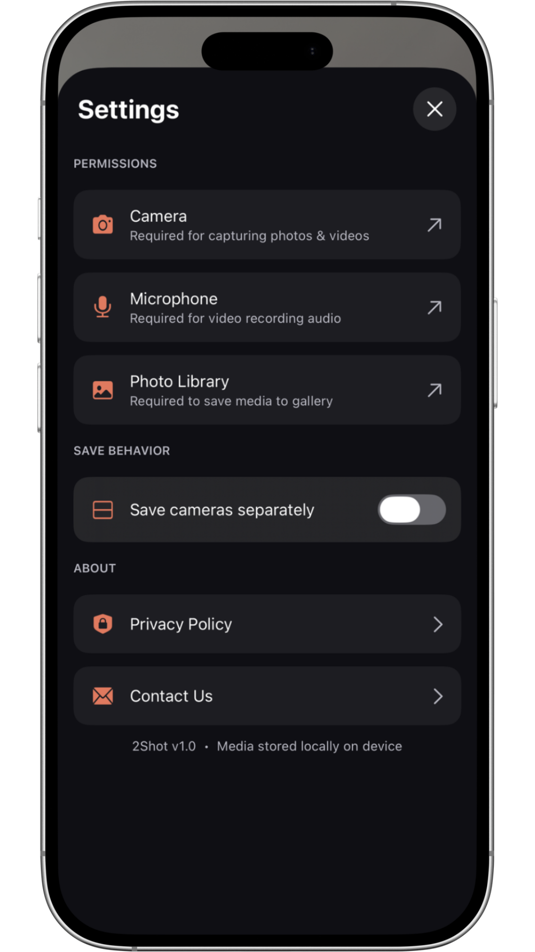 The settings screen explaining camera, microphone and gallery permissions in context; separate saving is also offered here
