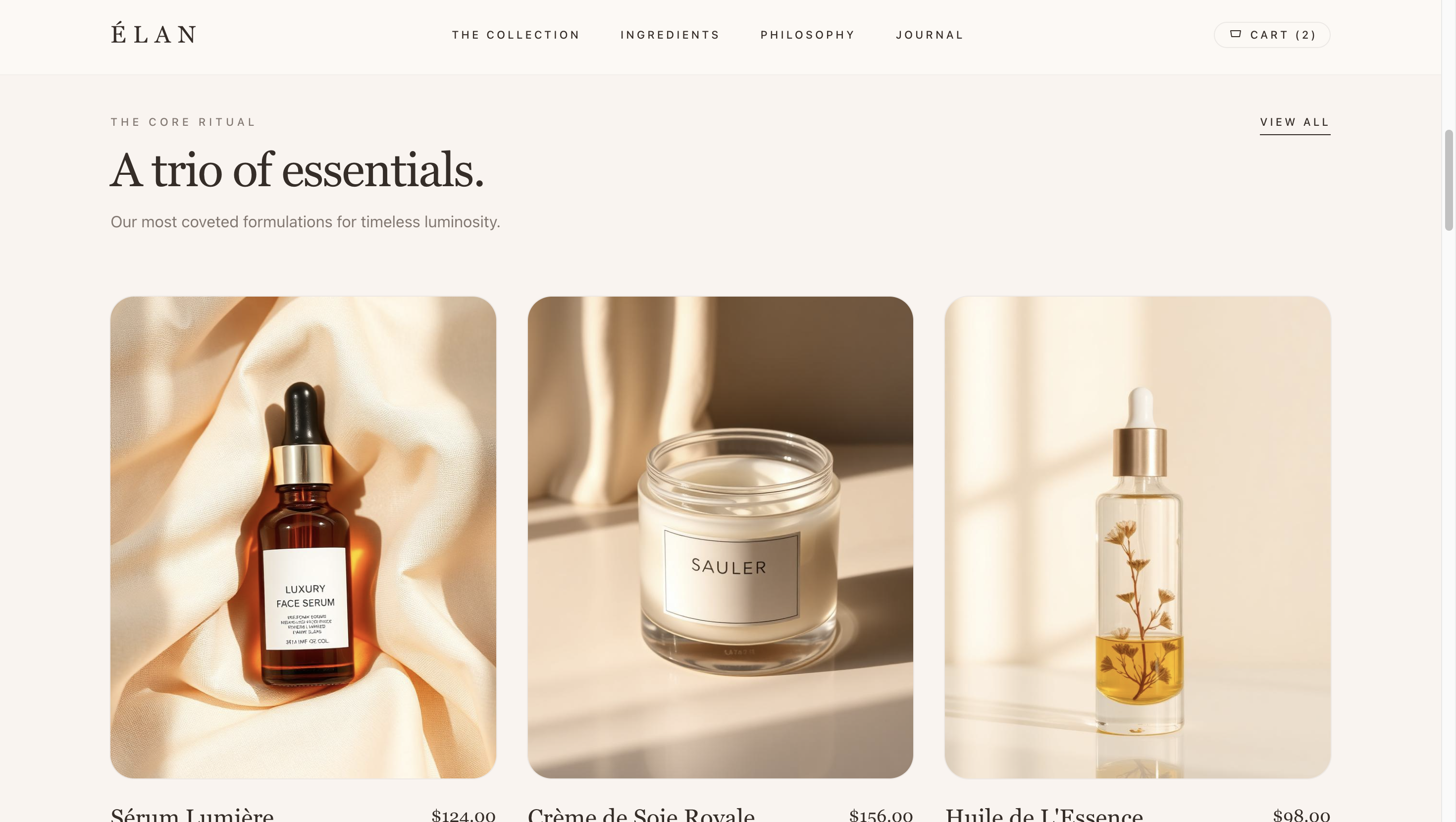 The 'A trio of essentials' section, showcasing three signature products with photography and pricing