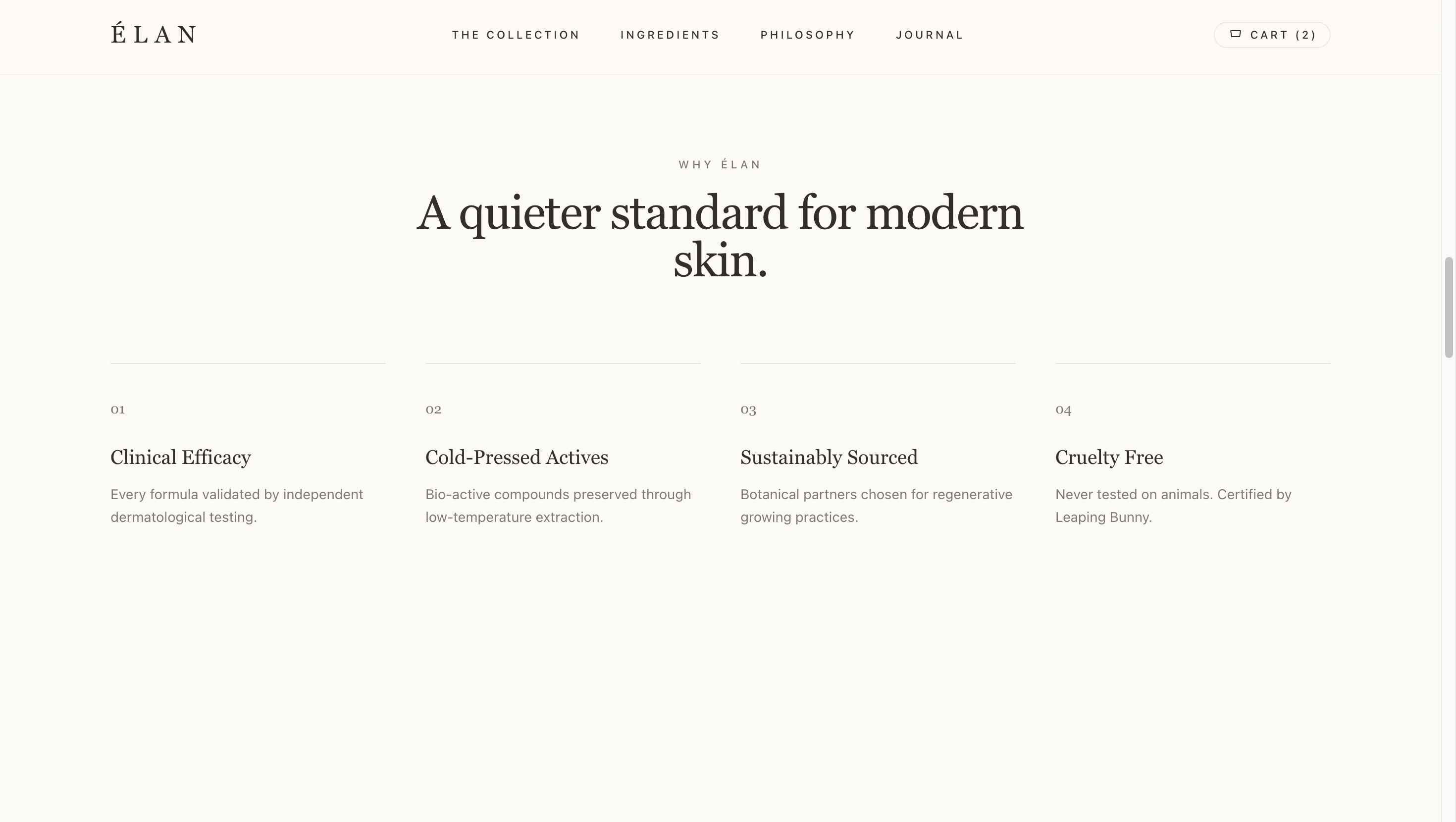 The 'Why Élan' section, listing clinical efficacy, cold-pressed actives, sustainable sourcing and cruelty-free principles