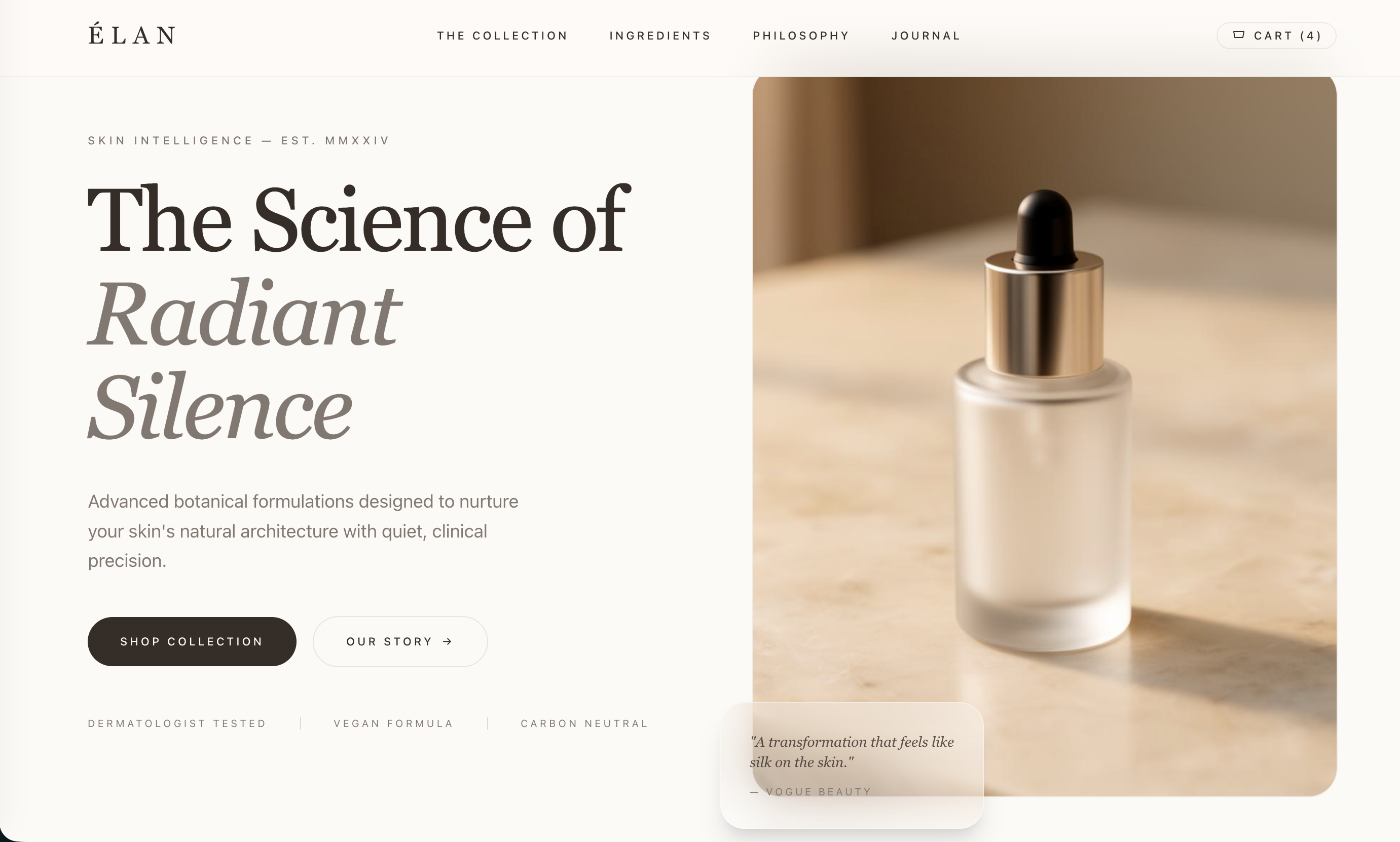 The Elan Beauty landing page hero section, with product photography and the main headline