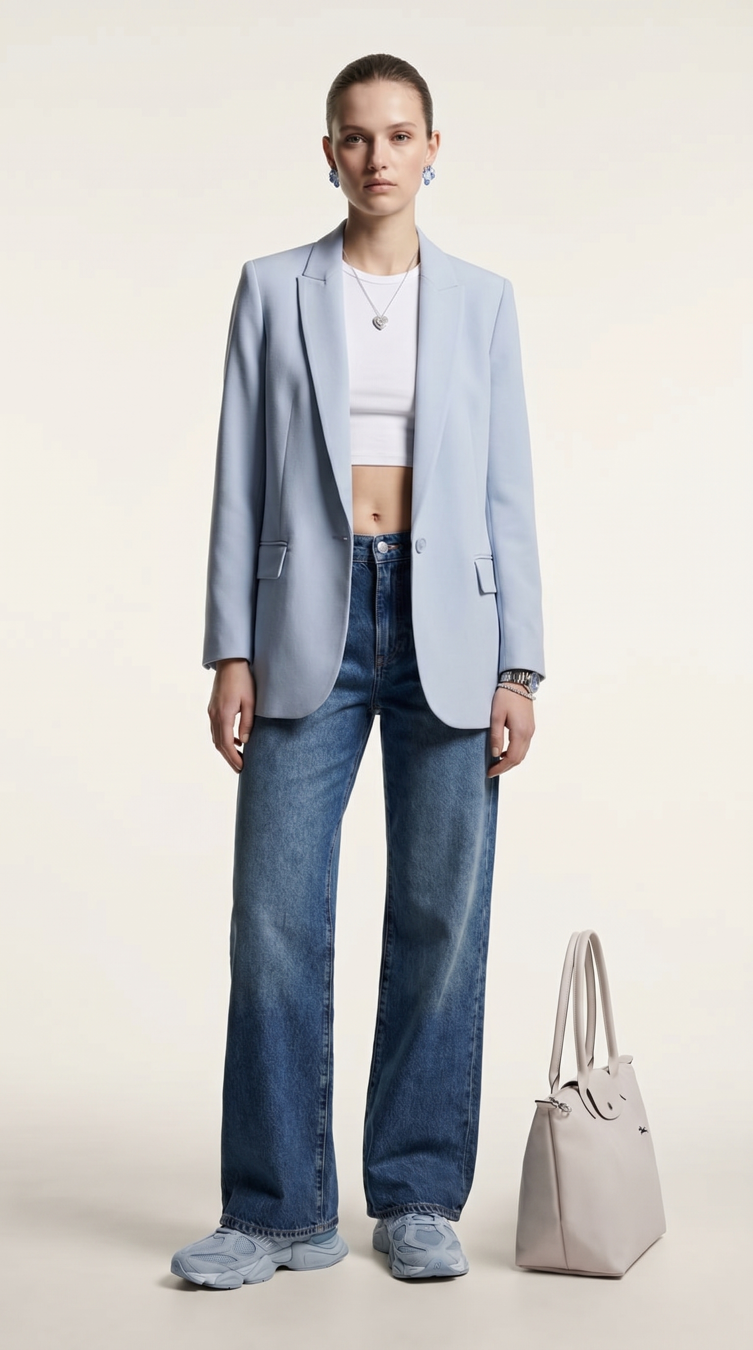 A model in a blue-toned outfit against a plain studio backdrop