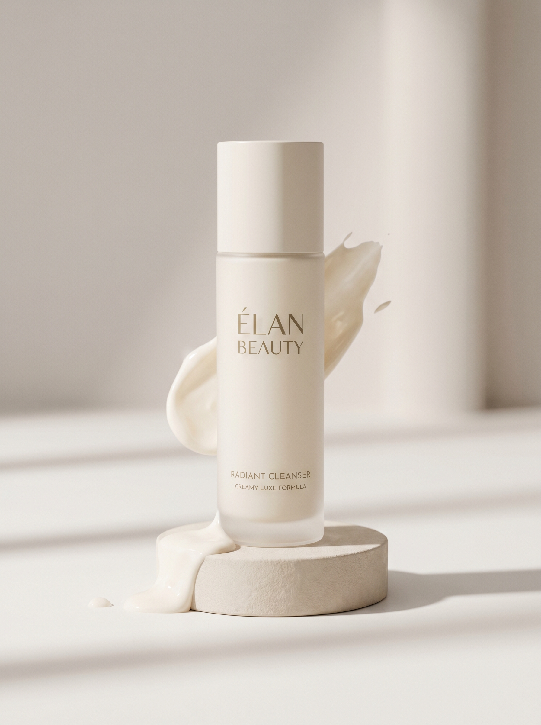 A skincare bottle standing on a marble pedestal in natural light