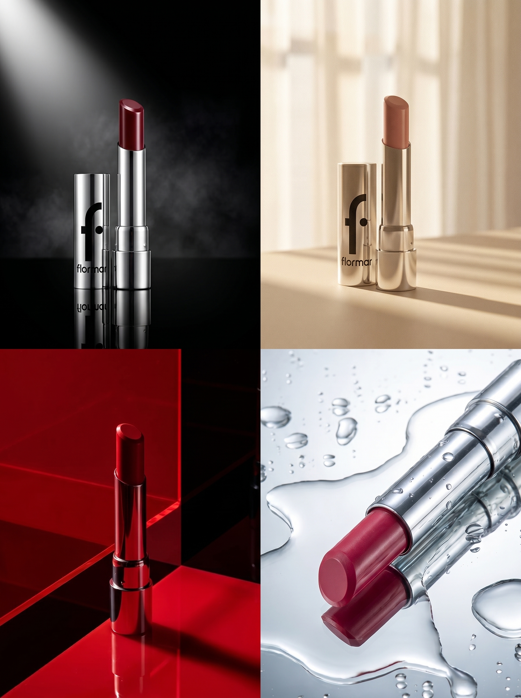 Four variations of the same lipstick shot with different light and colour compositions