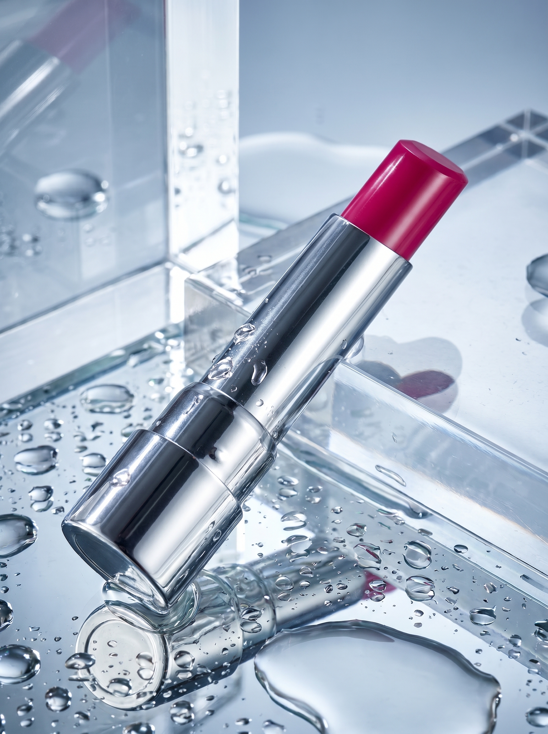 A lipstick resting among water droplets