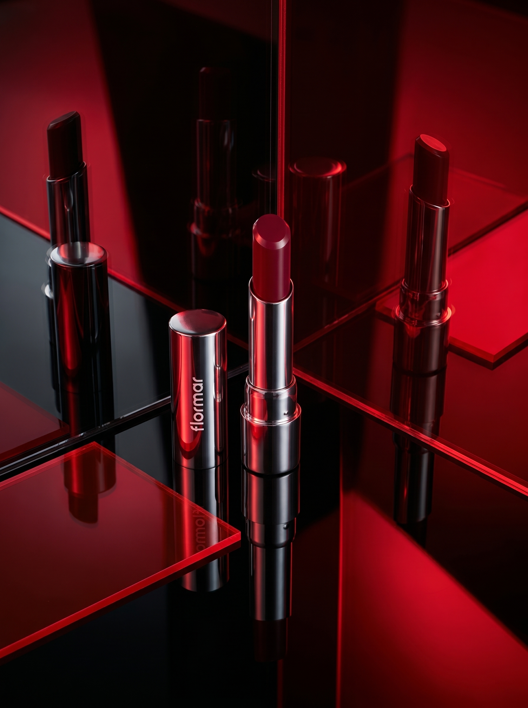 A lipstick standing on a red surface