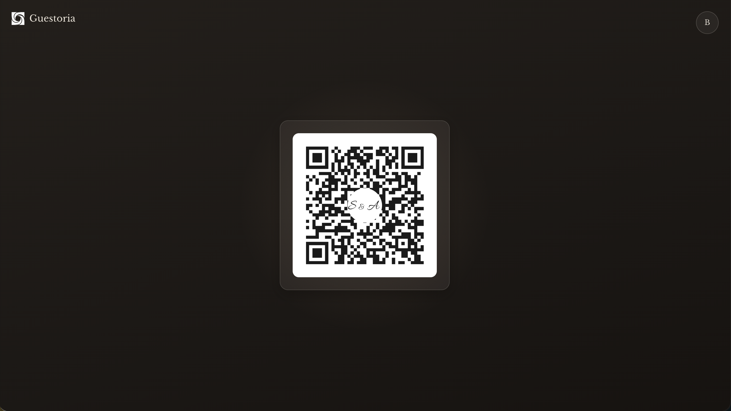 Guestoria's QR code shown on desktop, with the event's own initials at its center