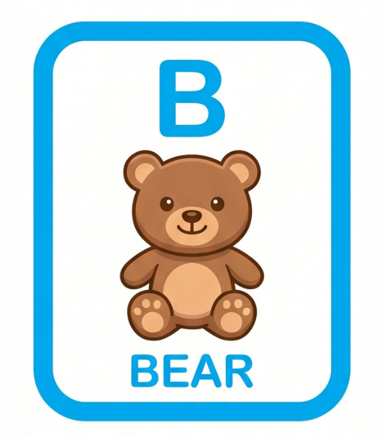 A sample card from the alphabet flashcards product: 'B - Bear'