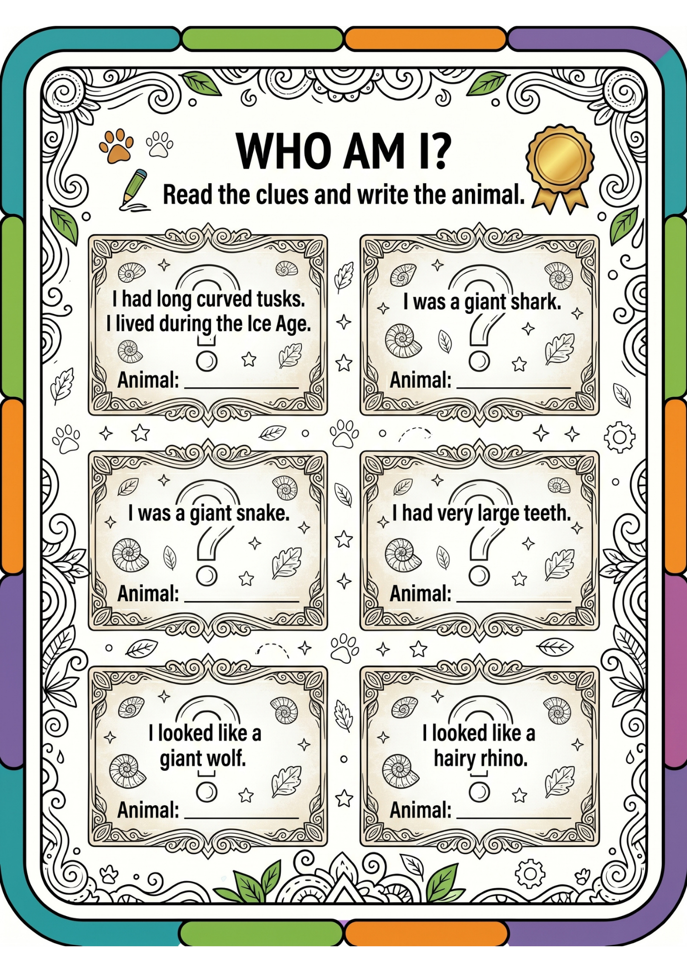 The 'Who Am I?' activity page, a task guessing an animal from clues