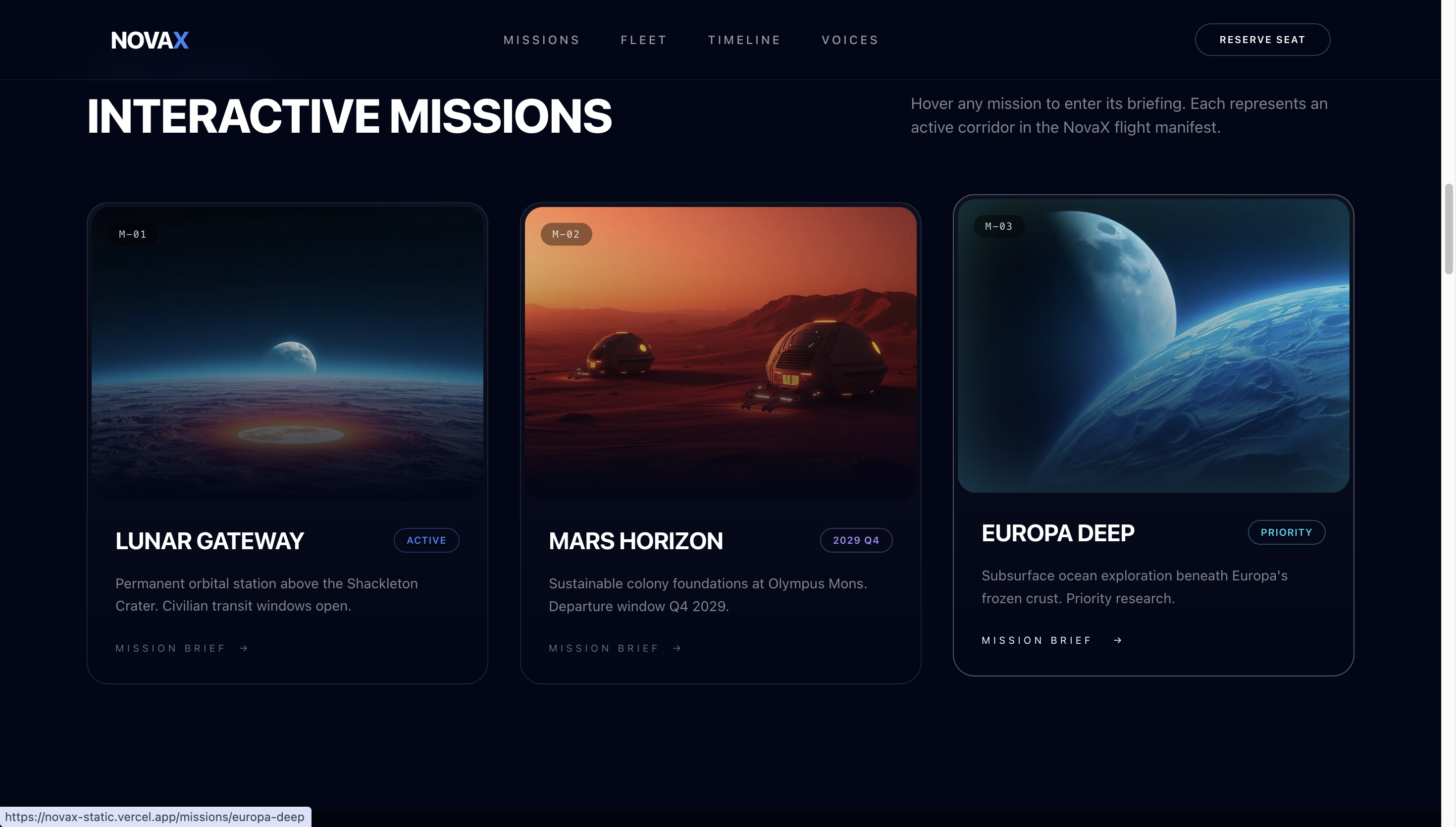 The 'Interactive Missions' section, introducing three missions to the Moon, Mars and Europa as cards