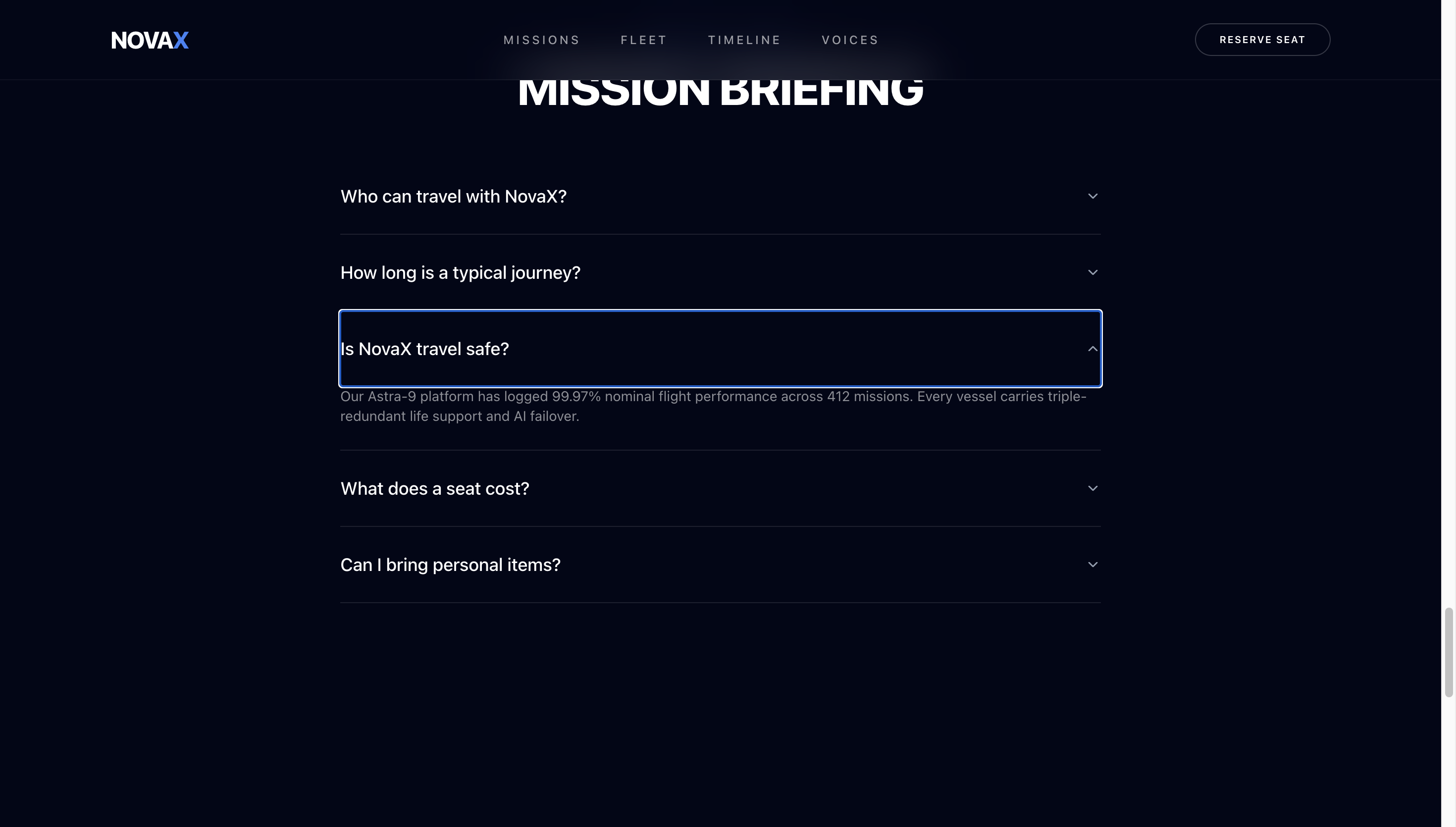 The 'Mission Briefing' section, answering frequently asked questions about safety and booking