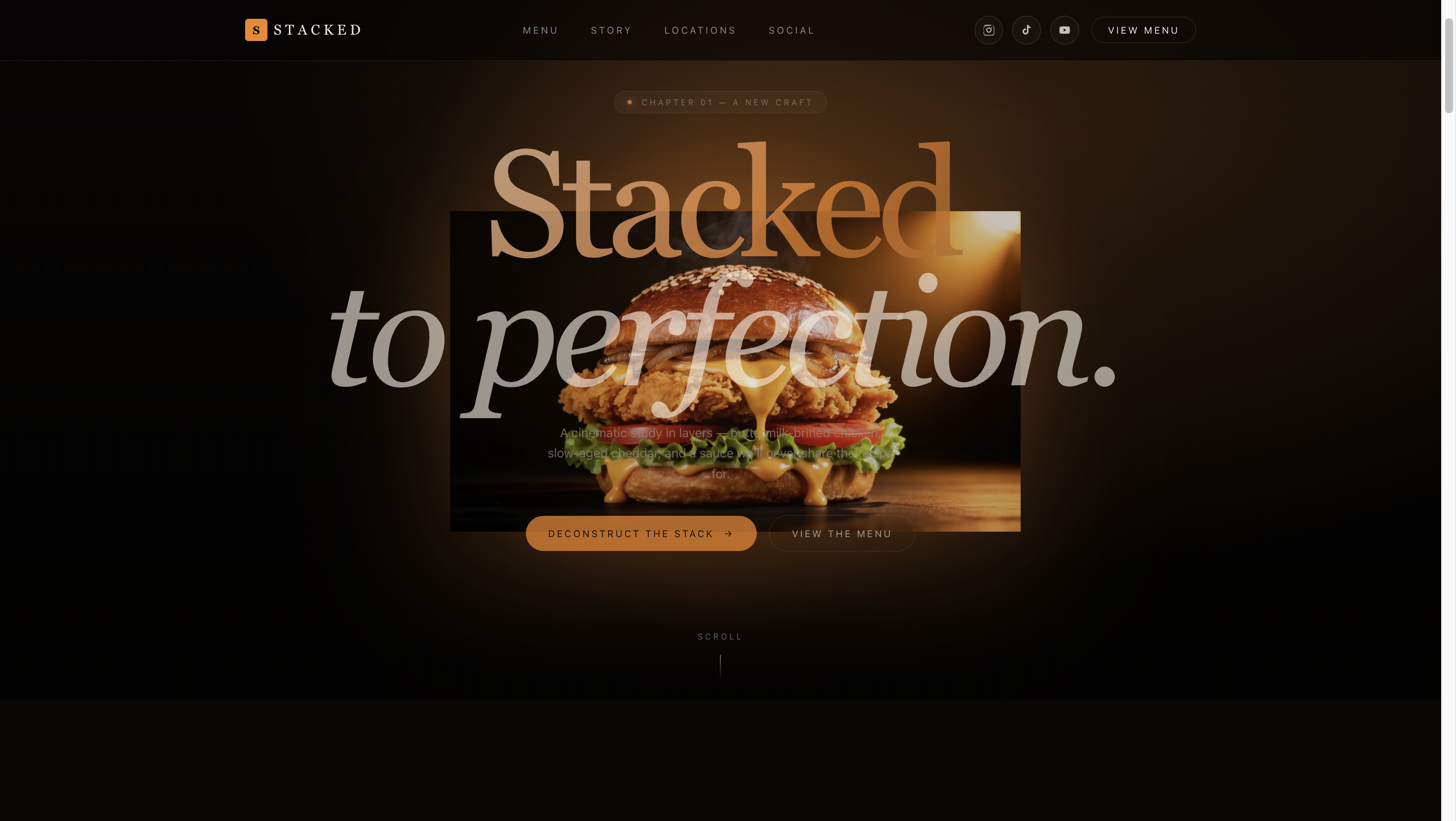 The Stacked landing page hero, a large burger photograph on a dark background under the headline 'Stacked to perfection'