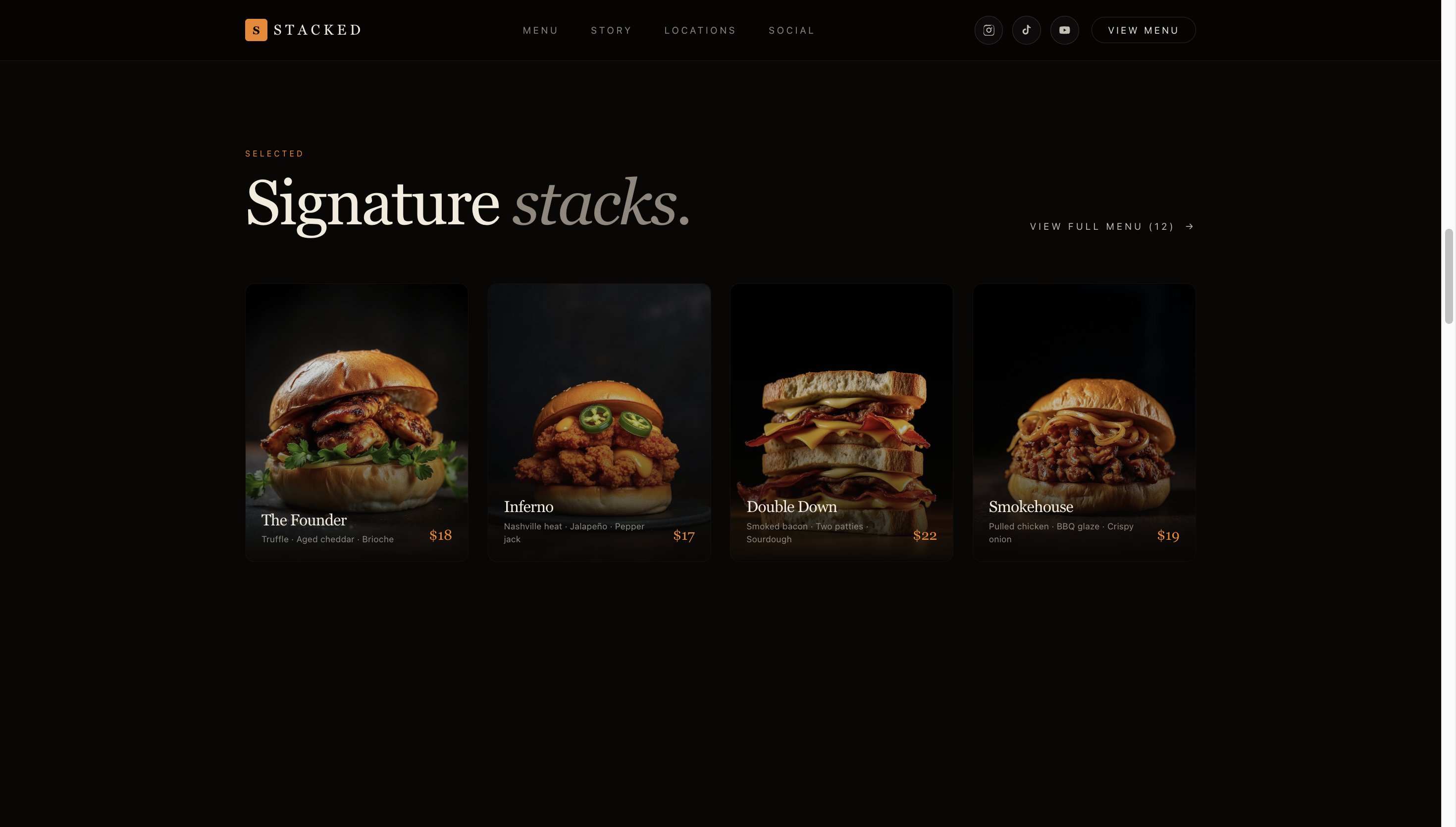 The menu section showcasing four signature burgers with pricing and ingredient details